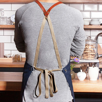 KARLOWSKY | Recycled Bib Apron Green Generation Cross-Back Leather Straps – Steel Blue - 70x85 cm