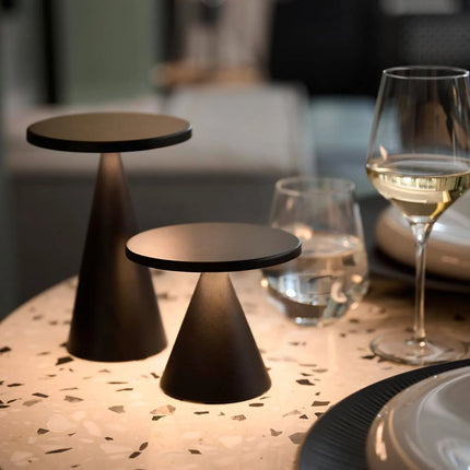 LED Table Lamp - GGM Gastro CONE - Rechargeable - Cordless - 3-step dimmable - Ø130mm - Black - with Charging Dock