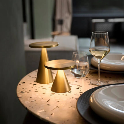 LED Table Lamp - GGM Gastro CONE - Rechargeable - Cordless - 3-step dimmable - Ø130mm - Gold - with Charging Dock