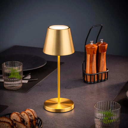 LED Table Lamp - GGM Gastro MERLE MINI - Rechargeable - Cordless - 3-step dimmable - Ø110mm - Gold - with Charging Dock
