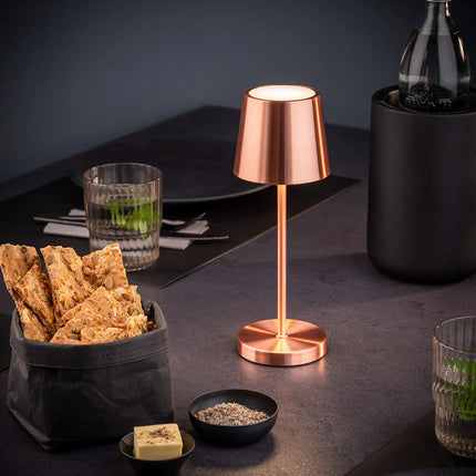 LED Table Lamp - GGM Gastro MERLE MINI - Rechargeable - Cordless - 3-step dimmable - Ø90mm - Copper - with Charging Dock
