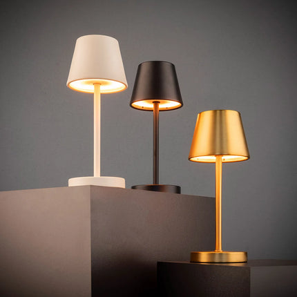 LED Table Lamp - GGM Gastro MERLE MINI - Rechargeable - Cordless - 3-step dimmable - Ø110mm - Gold - with Charging Dock