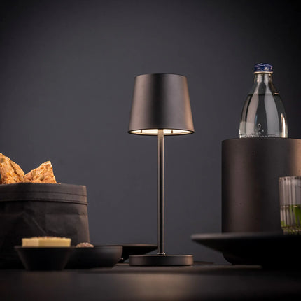 LED Table Lamp - GGM Gastro MERLE MINI - Rechargeable - Cordless - 3-step dimmable - Ø90mm - Black - with Charging Dock