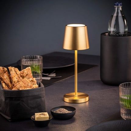 LED Table Lamp - GGM Gastro MERLE MINI - Rechargeable - Cordless - 3-step dimmable - Ø90mm - Gold - with Charging Dock