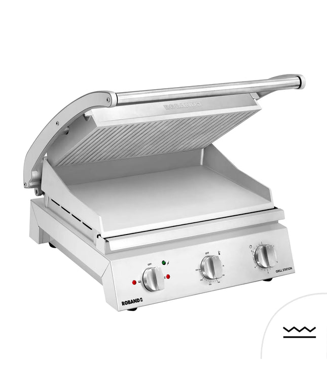 ROBAND | Commercial Contact Grill - Heavy Duty Panini Press PREMIUM – 375×275 mm – 2.25 kW – Ribbed Top & Smooth Bottom Plates