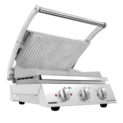 ROBAND | Commercial Contact Grill - Heavy Duty Panini Press PREMIUM – 375×275 mm – 2.25 kW – Ribbed Top & Smooth Bottom Plates
