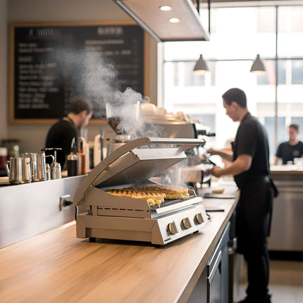 ROBAND | Commercial Contact Grill - Heavy Duty Panini Press PREMIUM – 375×275 mm – 2.25 kW – Ribbed Top & Smooth Bottom Plates