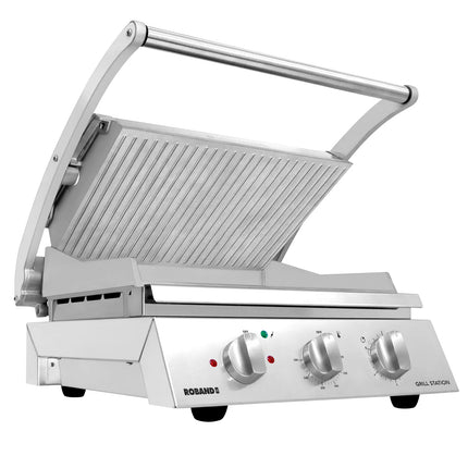 ROBAND | Commercial Contact Grill - Heavy Duty Panini Press PREMIUM – 560×275 mm – 3.12 kW – Ribbed Top & Smooth Bottom Plates
