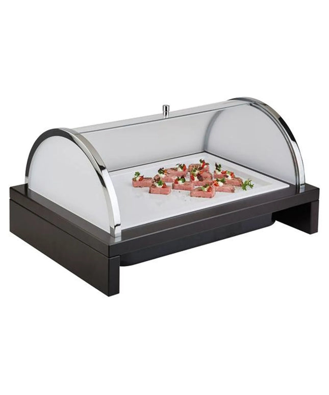 Roll-top Display Set - GGM Gastro BRIDGE - GN 1/1 - Acrylic - 635x425mm - Height: 310mm - incl. wooden frame, plastic container, melamine tray, ice pack & roll-top lid