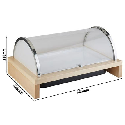 Roll-top Display Set - GGM Gastro BRIDGE - GN 1/1 - Acrylic - 635x425mm - Height: 310mm - incl. wooden frame, plastic container, melamine tray, cooling pack & roll-top lid