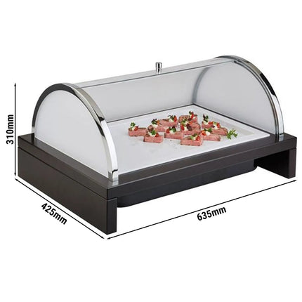 Roll-top Display Set - GGM Gastro BRIDGE - GN 1/1 - Acrylic - 635x425mm - Height: 310mm - incl. wooden frame, plastic container, melamine tray, ice pack & roll-top lid