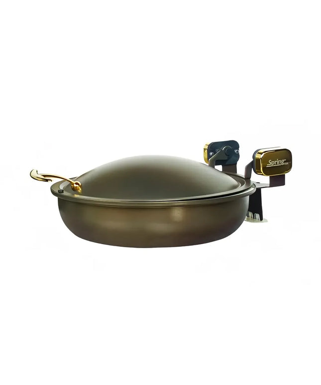 Spring USA 2382-587/36 15 1/4" Steel Sauteuse Pan Chafing Dish - Induction Ready, Bronze w/ Black Pearl Accents