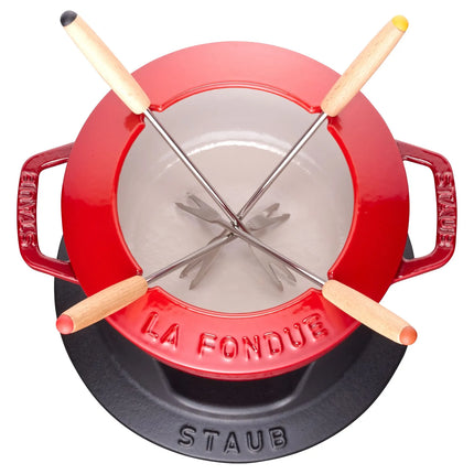 STAUB | Cast Iron Fondue Set – Ø 16 cm - Cherry Red - 4 Forks, Burner, Board