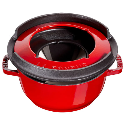 STAUB | Cast Iron Fondue Set – Ø 16 cm - Cherry Red - 4 Forks, Burner, Board