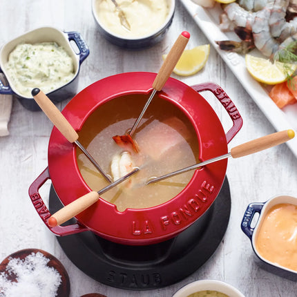 STAUB | Cast Iron Fondue Set – Ø 16 cm - Cherry Red - 4 Forks, Burner, Board