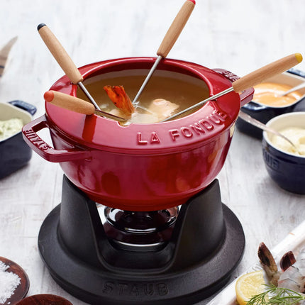 STAUB | Cast Iron Fondue Set – Ø 16 cm - Cherry Red - 4 Forks, Burner, Board