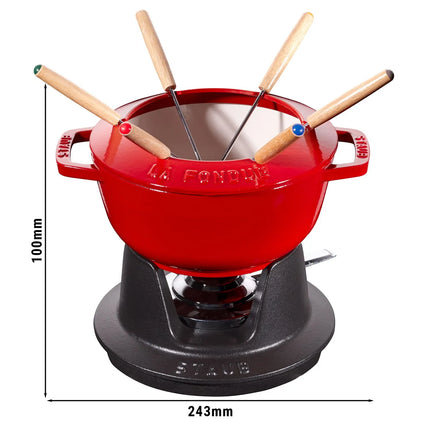 STAUB | Cast Iron Fondue Set – Ø 18 cm - Cherry Red - 6 Forks, Burner, Board