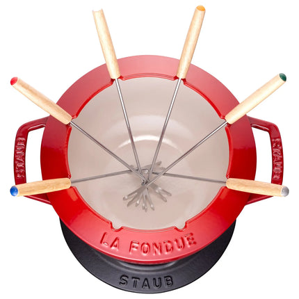 STAUB | Cast Iron Fondue Set – Ø 18 cm - Cherry Red - 6 Forks, Burner, Board