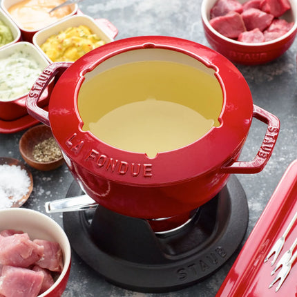 STAUB | Cast Iron Fondue Set – Ø 18 cm - Cherry Red - 6 Forks, Burner, Board