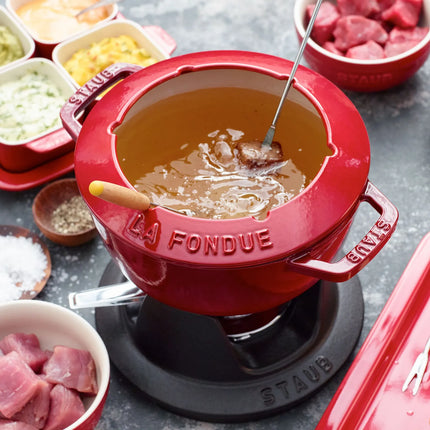 STAUB | Cast Iron Fondue Set – Ø 18 cm - Cherry Red - 6 Forks, Burner, Board