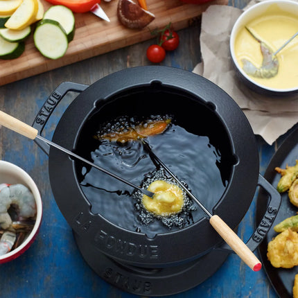 STAUB | Cast Iron Fondue Set – Ø 20 cm - Black - 6 Forks, Burner, Board