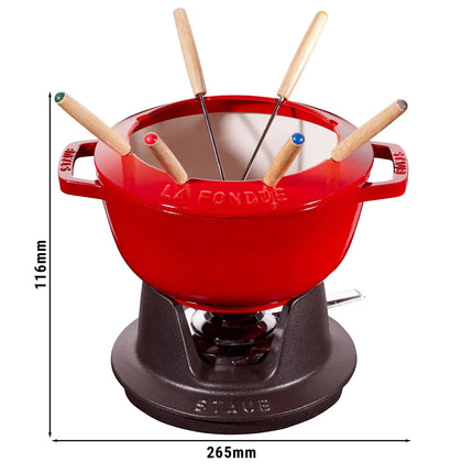 STAUB | Cast Iron Fondue Set – Ø 20 cm - Cherry Red - 6 Forks, Burner, Board