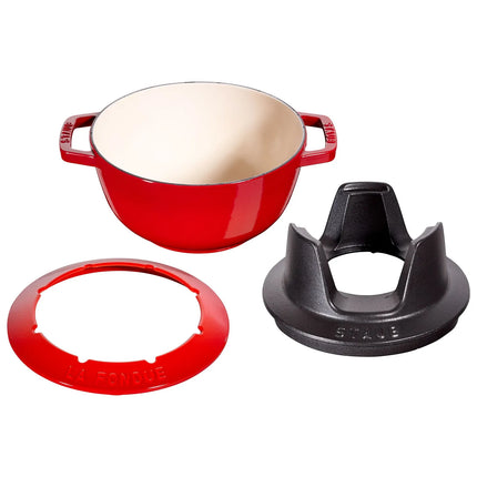 STAUB | Cast Iron Fondue Set – Ø 20 cm - Cherry Red - 6 Forks, Burner, Board