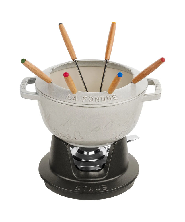 STAUB | Cast Iron Fondue Set – Ø 20 cm - White Truffle - 6 Forks, Burner, Board