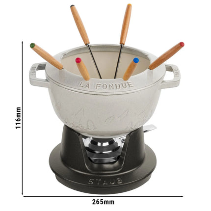 STAUB | Cast Iron Fondue Set – Ø 20 cm - White Truffle - 6 Forks, Burner, Board