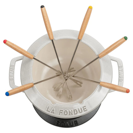 STAUB | Cast Iron Fondue Set – Ø 20 cm - White Truffle - 6 Forks, Burner, Board
