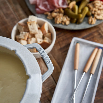 STAUB | Cast Iron Fondue Set – Ø 20 cm - White Truffle - 6 Forks, Burner, Board