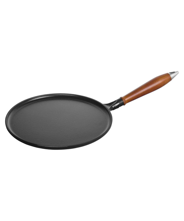 STAUB| Cast Iron Pancake Pan, Wooden Handle – Ø 28 cm - Black, Black Matte Interior Enamel, Includes Spreader & Turner