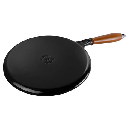 STAUB| Cast Iron Pancake Pan, Wooden Handle – Ø 28 cm - Black, Black Matte Interior Enamel, Includes Spreader & Turner