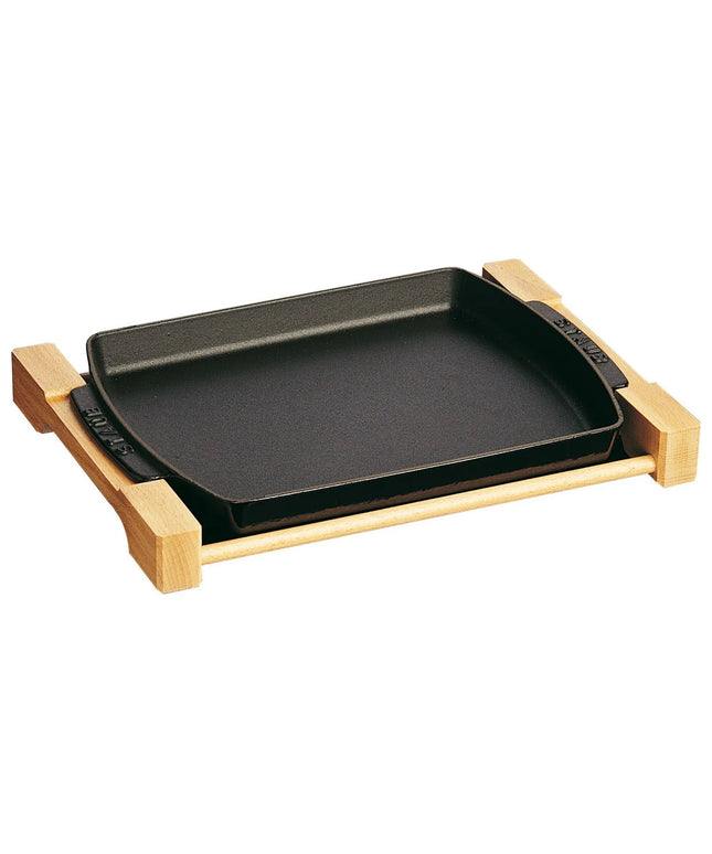 STAUB | Cast Iron Serving Tray with Wooden Base – 330×220 mm - Black Matte Enamel - Hob & Oven Safe