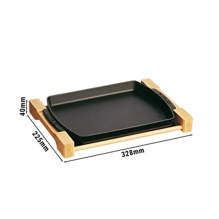 STAUB | Cast Iron Serving Tray with Wooden Base – 330×220 mm - Black Matte Enamel - Hob & Oven Safe