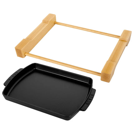 STAUB | Cast Iron Serving Tray with Wooden Base – 330×220 mm - Black Matte Enamel - Hob & Oven Safe