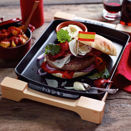 STAUB | Cast Iron Serving Tray with Wooden Base – 330×220 mm - Black Matte Enamel - Hob & Oven Safe
