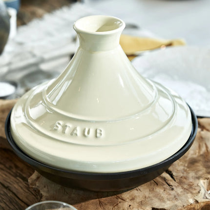 STAUB | Cast Iron Tajine – Ø 28 cm - Cream - Matte Black Interior, Oven to 260°C