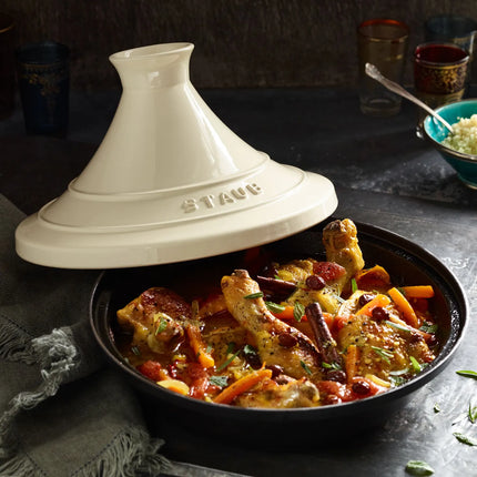 STAUB | Cast Iron Tajine – Ø 28 cm - Cream - Matte Black Interior, Oven to 260°C