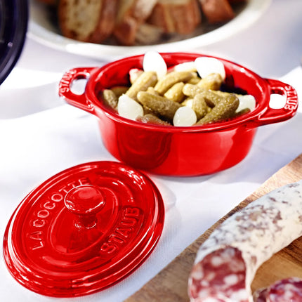 STAUB| Ceramic Mini Cocotte, Oval – Cherry Red - Ø 100 mm - Oven-Safe, All Hobs