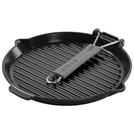 STAUB | Pure Grill Round Cast Iron Grill Pan – Ø28 cm - Black - Spout & Folding Silicone Handle