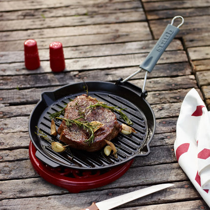 STAUB | Pure Grill Round Cast Iron Grill Pan – Ø28 cm - Black - Spout & Folding Silicone Handle