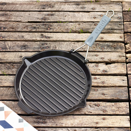 STAUB | Pure Grill Round Cast Iron Grill Pan – Ø28 cm - Black - Spout & Folding Silicone Handle