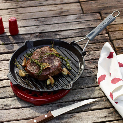 STAUB | Pure Grill Round Cast Iron Grill Pan – Ø28 cm - Black - Spout & Folding Silicone Handle