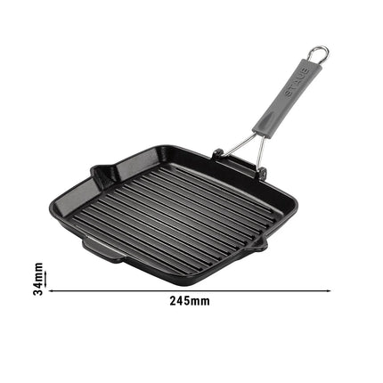 STAUB | Pure Grill Square Cast Iron Grill Pan – 24x24 cm - Black - Spout & Folding Silicone Handle