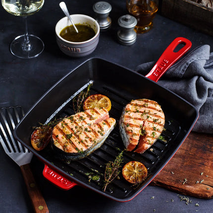 STAUB | Pure Grill Square Cast Iron Grill Pan – 26x26 cm - Cherry Red - American Grill, Non-Stick