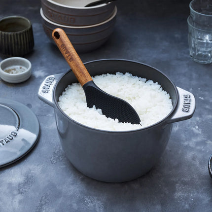 STAUB | Rice Serving Spoon – Silicone Head - Acacia Wood Handle - Non-Stick Safe - 22 cm - Black