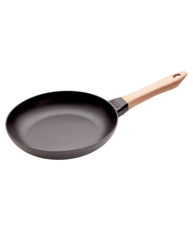 STAUB| Round Bare Cast Iron Frying Pan, Wooden Handle – Ø 24 cm - Black, No Pour Spout, Hanging Eye