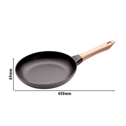 STAUB| Round Bare Cast Iron Frying Pan, Wooden Handle – Ø 24 cm - Black, No Pour Spout, Hanging Eye