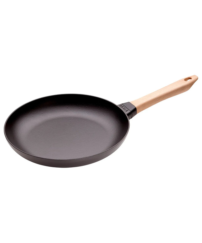 STAUB| Round Bare Cast Iron Frying Pan, Wooden Handle – Ø 28 cm - Black, Smooth Base, No Pour Spout, Hanging Eye